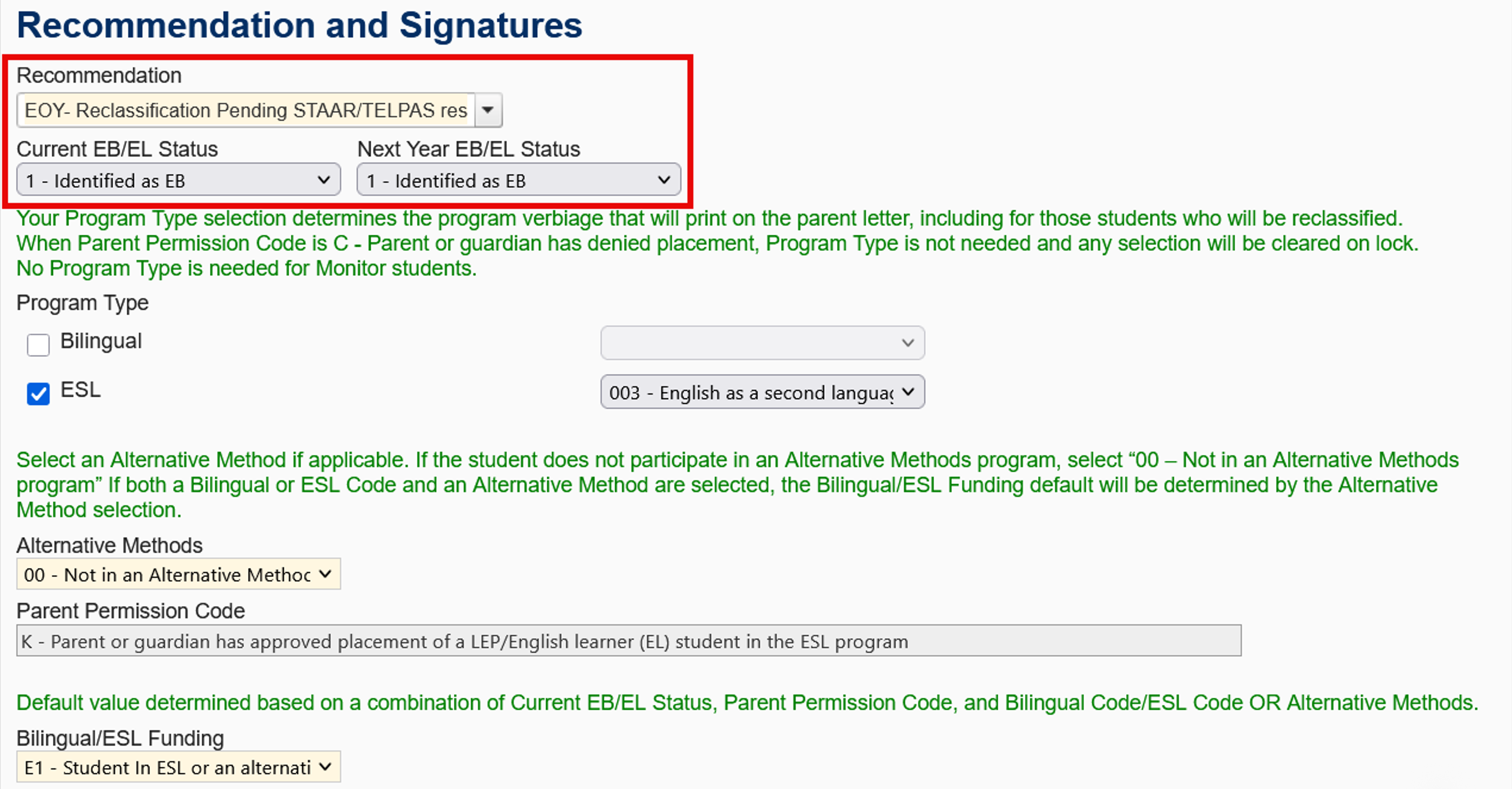 recommendation and status.png