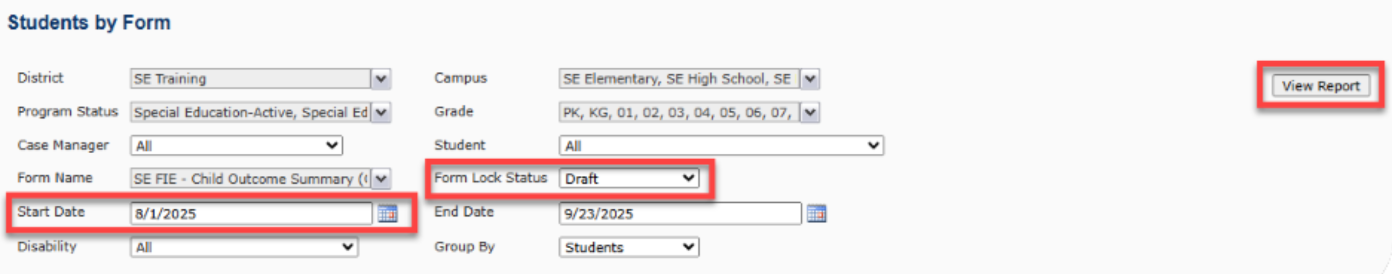 Students by Form report showing draft forms in SuccessEd